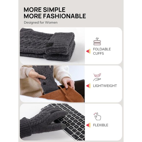 Women Gray Folding Cuffs Touchscreen Soft Skin-Friendly Jacquard Knit Warm Glove - Picture 5 of 6